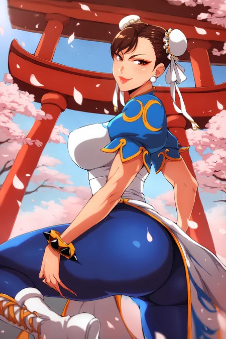 score_9, score_8_up, score_7_up, score_6_up, score_5_up, score_4_up, anime, source anime, theobrobinexl, shiny skin, dynamic angle, skindentation, deep skin, depth of field, high quality, highres,
BREAK
1girl,chun-li, hair bun, jewelry, solo, earrings, breasts, bracelet, cherry blossoms, dress, brown eyes, ass, brown hair, petals, hair ribbon, double bun, blue pants, large breasts, short sleeves, tight clothes, pearl earrings, ribbon, leg up, looking at viewer, lips, tight pants, leggings, makeup, smile, thighs, torii, standing on one leg
<lora:Theobrobine_StyleXL370:1>