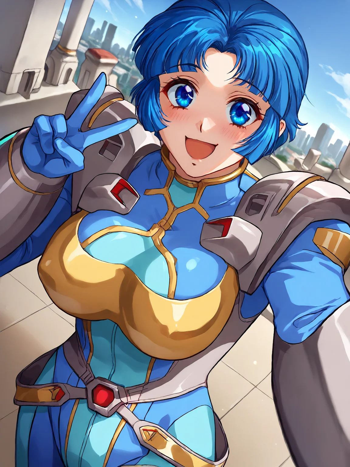 score_9, score_8_up, score_7_up, <lora:offset_0.2:0.1>, <lora:spo_sdxl_10ep_4k-data_lora_webui:1>, BREAK,
1girl, solo, BREAK,
srw_kusuha, large breasts, blue hair, parted bangs, short hair, blue eyes, <lora:srw_kusuha:1>, BREAK,
srwbluepilotsuit, blue bodysuit, pauldrons, wrist guards, metal belt, grey armor, helmet removed, no headwear, <lora:Pilot_suit__Super_Robot_Wars:1>, BREAK,
smile, blush, looking at viewer, v, peace sign, selfie, from above, dutch angle, reaching towards viewer, hand out of frame, BREAK,
outdoors, city, skyline, blue sky, day