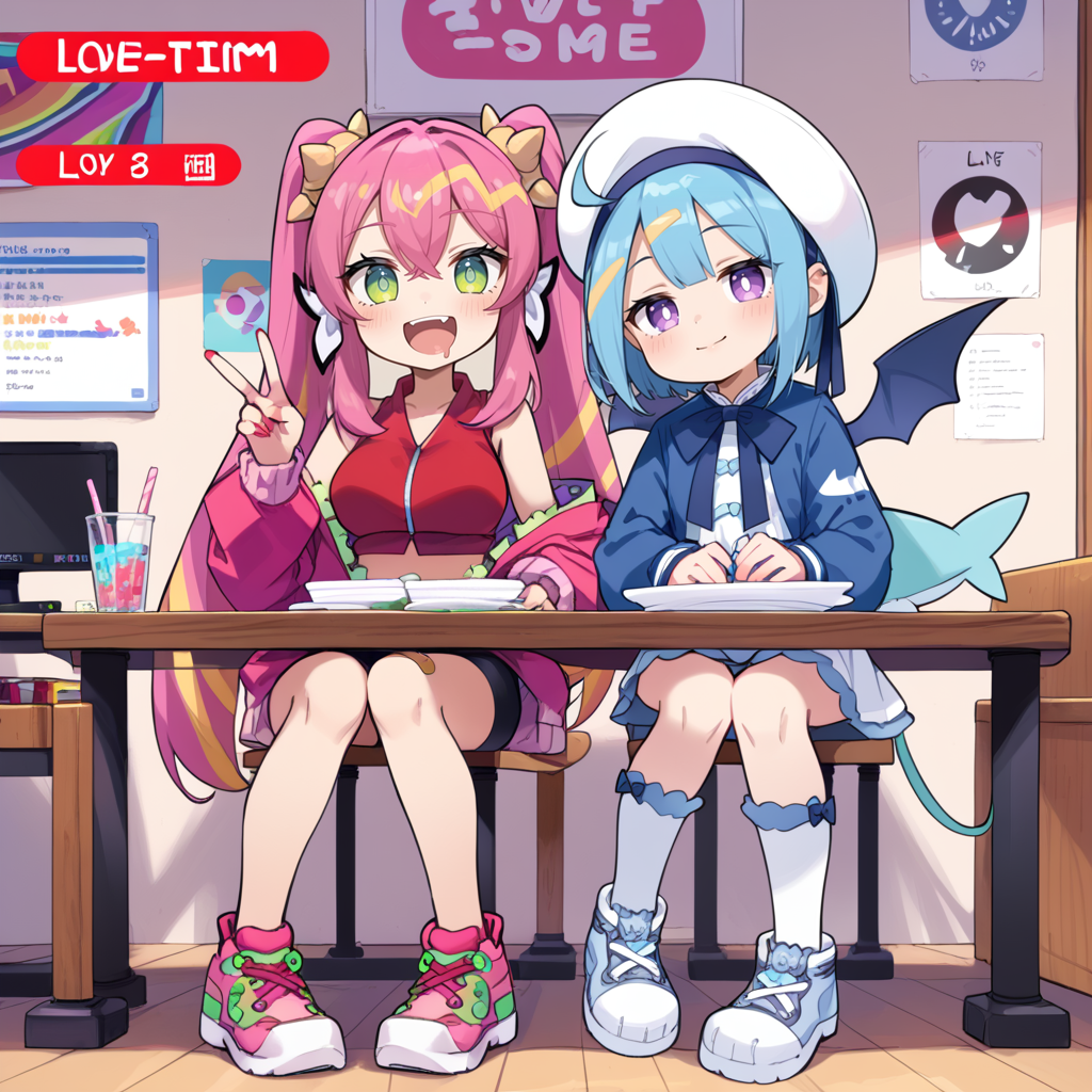 (score_9:0.9),score_8_up,score_7_up,rating_safe,(zPDXL3),sidelocks,parody,official art,2girls,full body,blush stickers,(livestream),sitting,table,teeth,sidelocks,sitting,table,
BREAK pink jacket,ka sikil,red cropped vest,red tail,hair ornament,medium breasts,v,looking at viewer,open mouth,fang,:d,pink sneakers,black bike shorts,bandaid on knee,
BREAK blue jacket,white dress,lil la,blue demon wings,white sailor hat,half-closed eyes,small breasts,stuffed shark toy,light smile,looking at viewer,blue sneakers,<lora:Live twin ponyXL v1:0.65>,