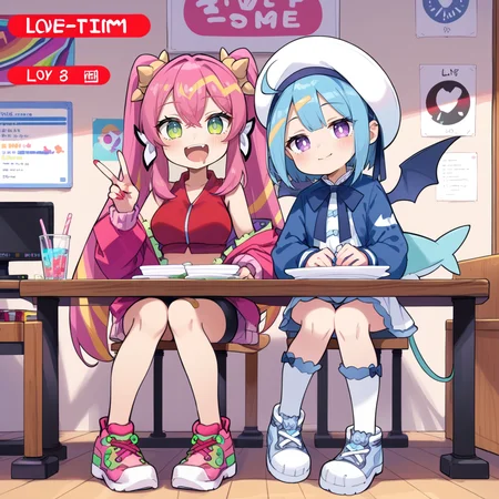 (score_9:0.9),score_8_up,score_7_up,rating_safe,(zPDXL3),sidelocks,parody,official art,2girls,full body,blush stickers,(livestream),sitting,table,teeth,sidelocks,sitting,table,
BREAK pink jacket,ka sikil,red cropped vest,red tail,hair ornament,medium breasts,v,looking at viewer,open mouth,fang,:d,pink sneakers,black bike shorts,bandaid on knee,
BREAK blue jacket,white dress,lil la,blue demon wings,white sailor hat,half-closed eyes,small breasts,stuffed shark toy,light smile,looking at viewer,blue sneakers,<lora:Live twin ponyXL v1:0.65>,