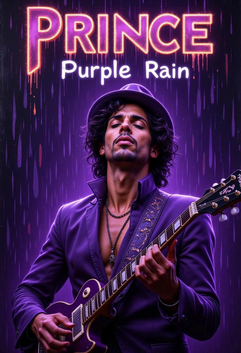 purple rain, painting of Prince eyes closed looking painfully at the sky, with a dripping guitar, purple raincoat, highly detailed illustration, purple rain, (purple) and [orange] themed, purple fedora hat, a purple suit, a shiny purple guitar, intricate details, the artist has used bright, full body artwork, nightclub dancing inspired, handsome Prince, dripping technique, title with text:"PRINCE", bold, gleaming text in a metallic gradient with a graffiti-inspired style, aidmaTextImprover, with white gradient text:"Purple Rain", Prince Details: (Curly dark brown hair, almond-shaped expressive eyes, smooth brown skin, high cheekbones, defined jawline, full lips, slim build, toned arms, long legs, narrow shoulders, graceful posture, slender fingers, well-groomed mustache, arched eyebrows, sharp nose, prominent cheekbones, sculpted forearms, athletic physique)