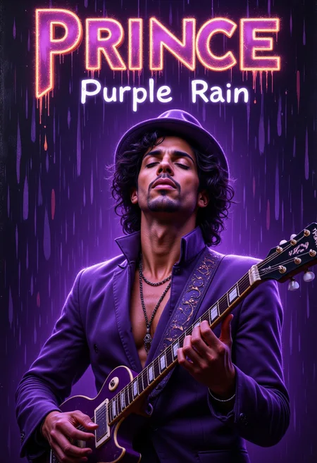 purple rain, painting of Prince eyes closed looking painfully at the sky, with a dripping guitar, purple raincoat, highly detailed illustration, purple rain, (purple) and [orange] themed, purple fedora hat, a purple suit, a shiny purple guitar, intricate details, the artist has used bright, full body artwork, nightclub dancing inspired, handsome Prince, dripping technique, title with text:"PRINCE", bold, gleaming text in a metallic gradient with a graffiti-inspired style, aidmaTextImprover, with white gradient text:"Purple Rain", Prince Details: (Curly dark brown hair, almond-shaped expressive eyes, smooth brown skin, high cheekbones, defined jawline, full lips, slim build, toned arms, long legs, narrow shoulders, graceful posture, slender fingers, well-groomed mustache, arched eyebrows, sharp nose, prominent cheekbones, sculpted forearms, athletic physique)