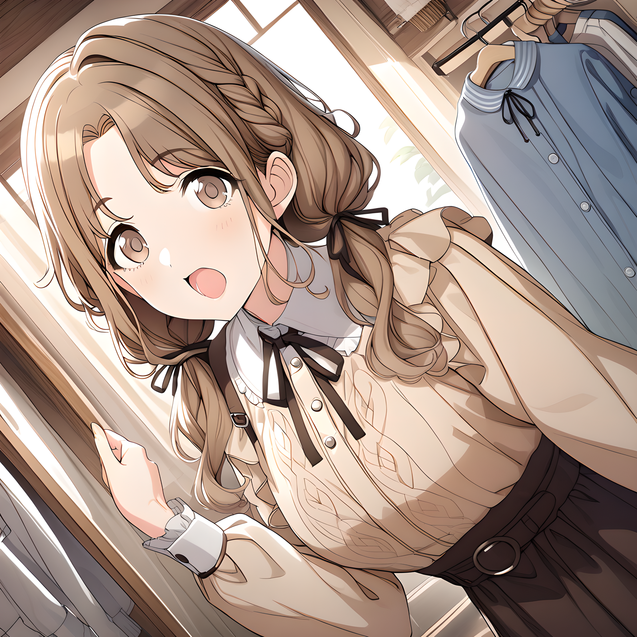 (masterpiece),(best quality),(ultra-detailed),(best illustration),(best shadow),(absurdres),(detailed background),(very aesthetic),
ichikawa_hinana, 1girl, brown hair, brown eyes, twintails, ribbon, open mouth, solo, long hair, dress, looking at viewer, indoors, clothes hanger, dutch angle, bangs, hair ribbon, upper body, braid, low twintails, neck ribbon, parted bangs, shirt, long sleeves, holding, casualoutfit
<lora:Ichikawa_Hinana:1>