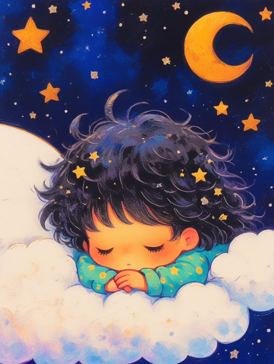 A boy with black hair, lies asleep on a cloud,wearing green pajamas,stars and the moon,<lora:J_oil_pastels:0.8>,j_fantasy,