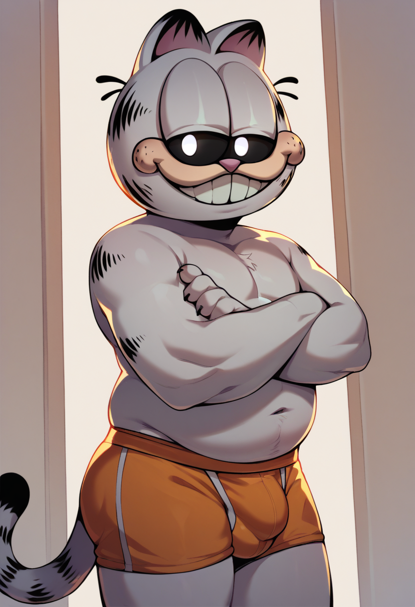 <lora:sansfield_PDXL_Mlaofmd-10:1.0>, score_9, score_8_up, score_7_up, 1boy, solo, sansfield, white fur, garfield \(series\), sans \(undertale\), cat ears, whiskers, black sclera, white eyes, grin, smile, slightly chubby, briefs, orange briefs, bulge, looking at viewer, crossed arms, bedroom,