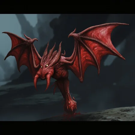 b3rs3rk first person d4concept pov, 3D01S, simple background d4artstyle atmospheric and powerful MikeFranchinastyle dark fantasy, natural organic and first person pov of a berserk style creature
A small menacing, red-skinned stone and fire gargoyle, blending the features of a rock bat and a obsidian stone demon. Its short body  with massive leathery wings stretching from its back, ready to launch into the air. Its glowing, fiery eyes pierce the darkness, while sharp horns protrude from its head. The creature's hands, tipped with razor-like claws, clutch a ball of bloody meat, ready to hurl at its prey. Its stance is hunched, exuding an aura of fear. Its long, sharp fangs glisten. It hovers just above the ground, prepared to unleash fiery devastation from the skies. 
UHD letterboxed game trailer frame chromatic aberration dark atmosphere sharp masterpiece with a focus on the character, elden ring style, dark atmosphere, chromatic aberration