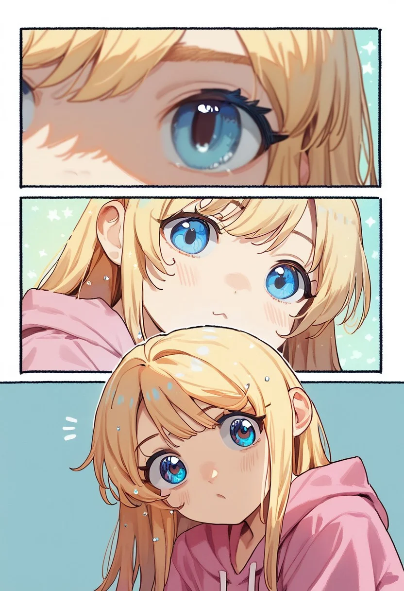 score_9, score_8_up, score_7_up, source_anime, hi res, masterpiece, best quality, highres, Lico_PS, AGGA_PSC, comic, 4koma, 1girl, cute girl, kawaii girl, long hair, blonde hair, blue eyes, close-up, pink hoodie, looking at viewer, transformation!!!, 1girl, cute girl, kawaii girl, long hair, blonde hair, blue eyes, close-up, pink hoodie, looking at viewer, cat girl