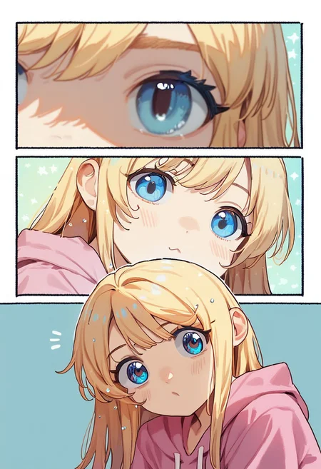 score_9, score_8_up, score_7_up, source_anime, hi res, masterpiece, best quality, highres, Lico_PS, AGGA_PSC, comic, 4koma, 1girl, cute girl, kawaii girl, long hair, blonde hair, blue eyes, close-up, pink hoodie, looking at viewer, transformation!!!, 1girl, cute girl, kawaii girl, long hair, blonde hair, blue eyes, close-up, pink hoodie, looking at viewer, cat girl