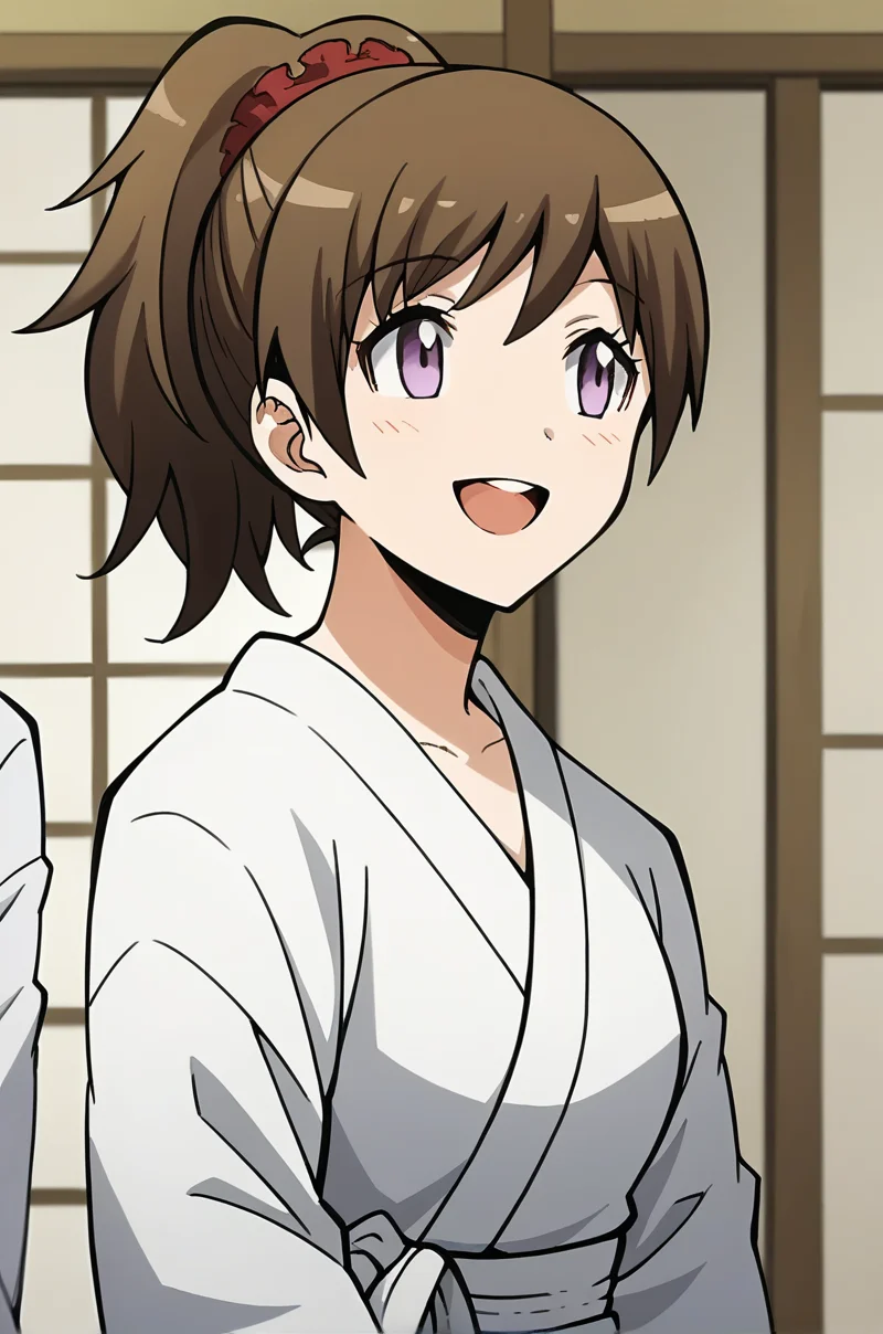 score_9, score_8_up, score_7_up, score_6_up, score_5_up, score_4_up, source_anime, BREAK 1girl, <lora:Yada_Toka:1>, yadatoka, brown hair, high ponytail, purple eyes, red scrunchie, white yukata, looking to the side, smile, open mouth, facing to the side, japanese room