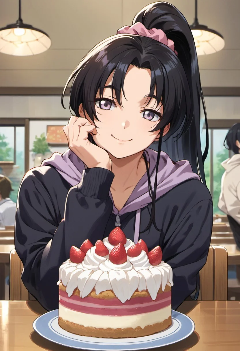 score_9, score_8_up, score_7_up, source_anime, kosaka shigure, black hair, long hair, light purple eyes, ponytail, 1girl, food, table, smile, hood, cup, scrunchie, cake, indoors