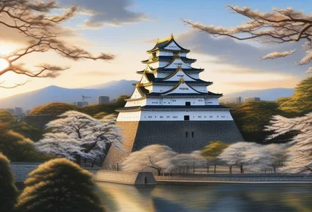 masterpiece, photorealistic, landscape,WhiteMold Osaka Castle, rising sun