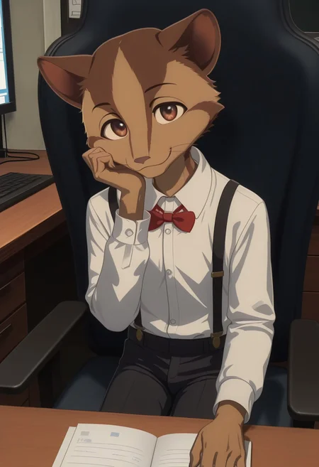masterpiece, best quality, amazing quality, very aesthetic, absurdres, newest,  high quality, detailed, male, solo male, Deshico, 1boy, mature male, male, anthro, civet, animal ears, brown eyes, tan and brown fur, white collared shirt, red bowtie, black suspenders, black pants, indoors, office, sitting in chair, sitting at desk, looking at viewer, smiling, resting head on hand, half body
