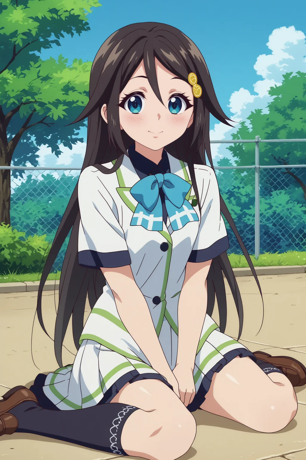 reina izumi,1girl,solo,smile,long hair,hair ornament,looking at viewer,school uniform,bow,hairclip,skirt,hair_between_eyes,blush,sit,on floor,cowboy_shot BREAK outdoors,forest,tree,blue sky,flower <lora:Reina_Izumi_-_Musaigen_no_Phantom_World.safetensors:0.8>
