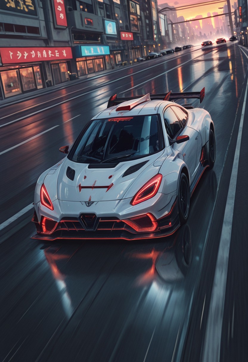 highres, very detailed, 
(vamptech), 
citycars_illus, 
car, road, street, no humans, 
reflections, 
shadow, speed lines, motion blur, vehicle focus, 
twilight, low angle, futuristic,
