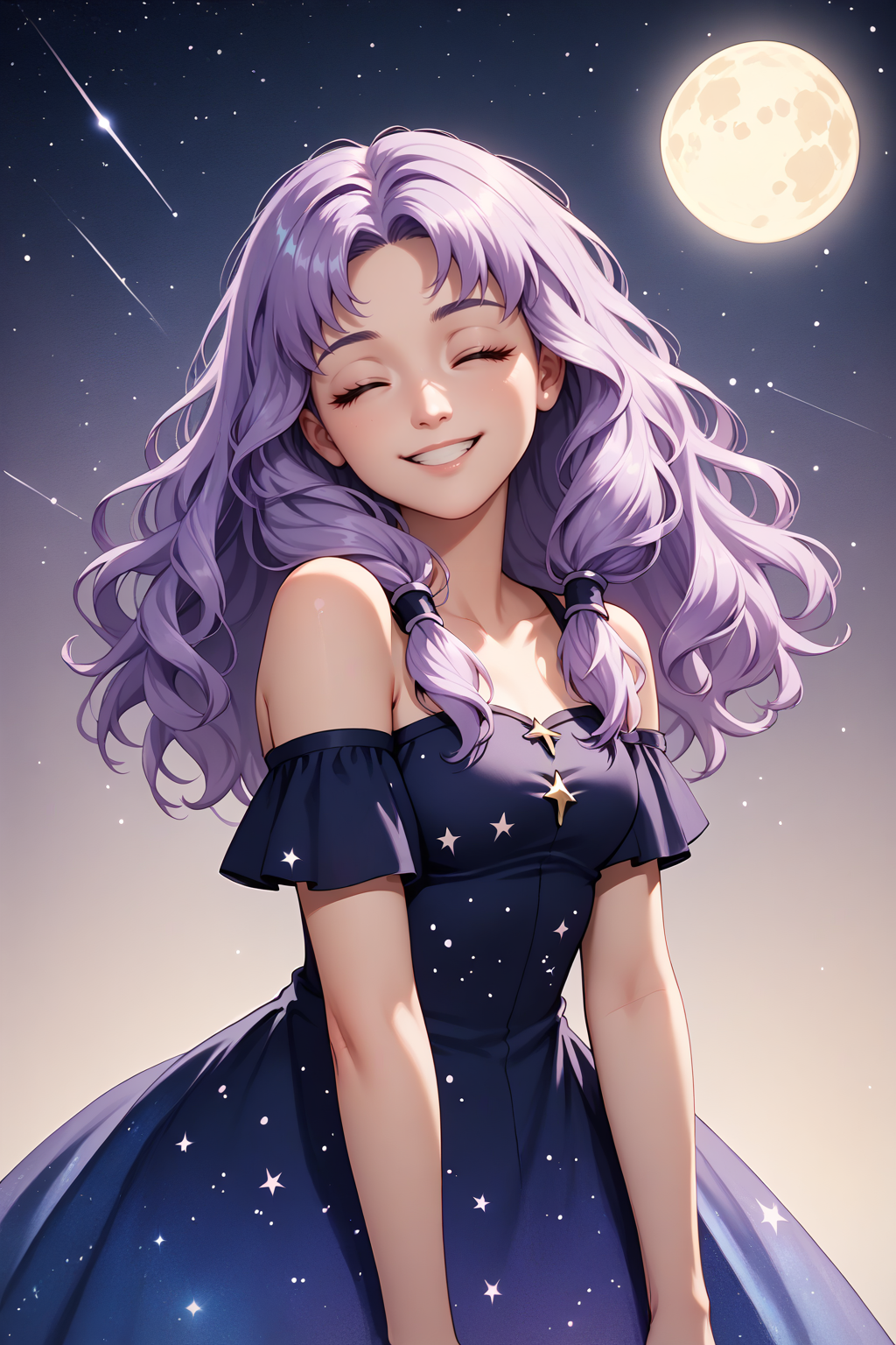 score_9, score_8_up, score_7_up BREAK 1girl, solo,  <lora:NSFlorinaFE7:1> NSFlorinaMisc, light purple hair, long hair, parted bangs, low-tied sidelocks, cosmic dress, bare shoulders, full moon, nebula, stars, smile, eyes closed