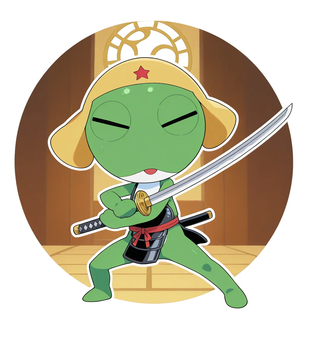 high resolution, best quality, 4k, outline, solo, closed eyes, male, three-quarter
view, clothed, wearing samurai helmet, wearing samurai armor, holding katana, action pose, temple background, <lora:Keroro_-_Keroro_Gunsou_-_IL:1> keroro, chibi, semi-anthro, green skin, two tone body