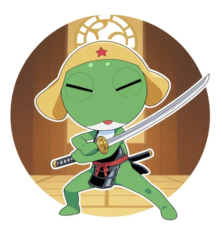 high resolution, best quality, 4k, outline, solo, closed eyes, male, three-quarter
view, clothed, wearing samurai helmet, wearing samurai armor, holding katana, action pose, temple background, <lora:Keroro_-_Keroro_Gunsou_-_IL:1> keroro, chibi, semi-anthro, green skin, two tone body