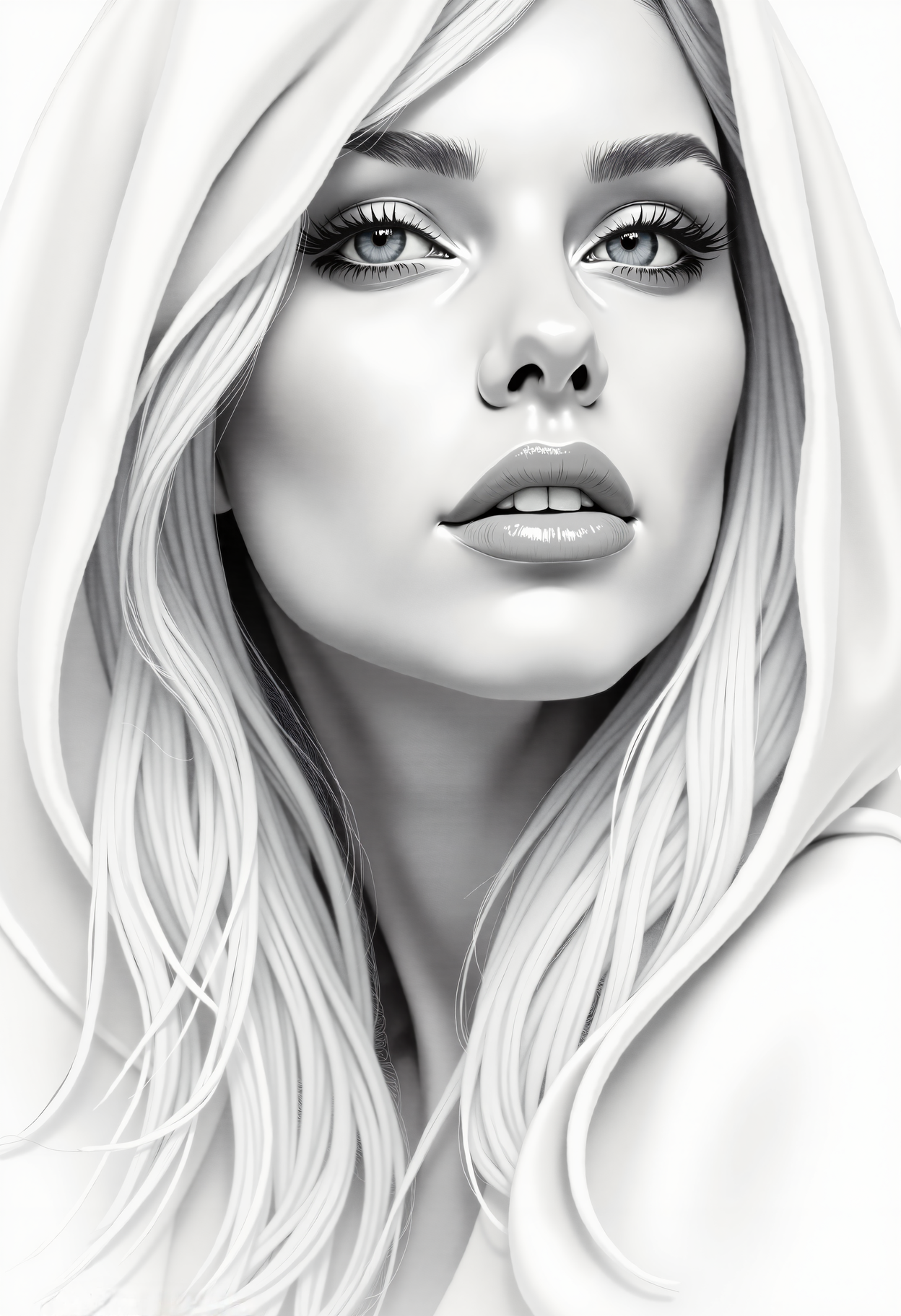 A close-up portrait in monochrome pencil and charcoal drawing of a woman with an almost ethereal beauty. The composition uses soft and smooth transitions in white and gray tones achieved with pastel chalks.

Her face is narrow, with symmetrical eyes and irises, beautiful eyebrows, and eyelids drawn slightly darker. She has a straight pretty nose and well-formed lips. Her long, flowing white hair cascades down her shoulders in soft waves. She is wearing a flowing, white cloak that drapes elegantly around her. 

The drawing captures a serene and calming atmosphere, emphasizing the delicate and realistic details.

