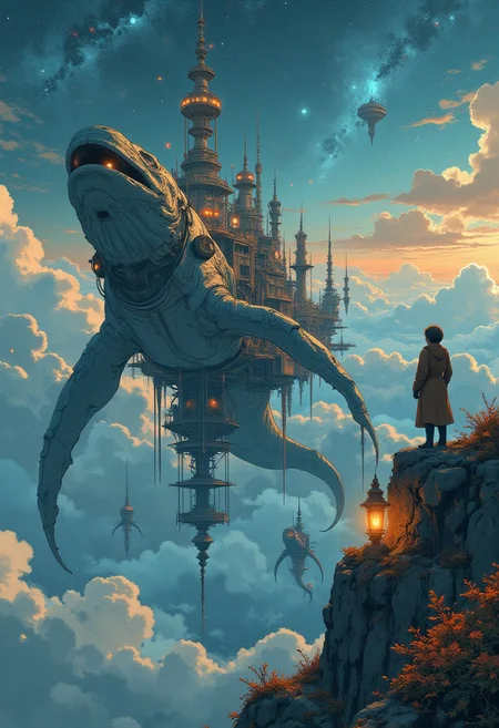Pov from the tallest tower in a skybound city built atop the back of a colossal, ancient whale-like creature drifting through an endless sea of clouds. Glowing lanterns suspended from the creature’s fins cast golden light across the floating city, steam-powered machinery harmonizing with organic, coral-like architecture, the city bustling with life as airships dock and depart, trails of shimmering blue and silver energy following in their wake, the horizon punctuated by other massive sky creatures, each carrying their own unique civilizations in a celestial ballet against a backdrop of a vivid, star-drenched sky.