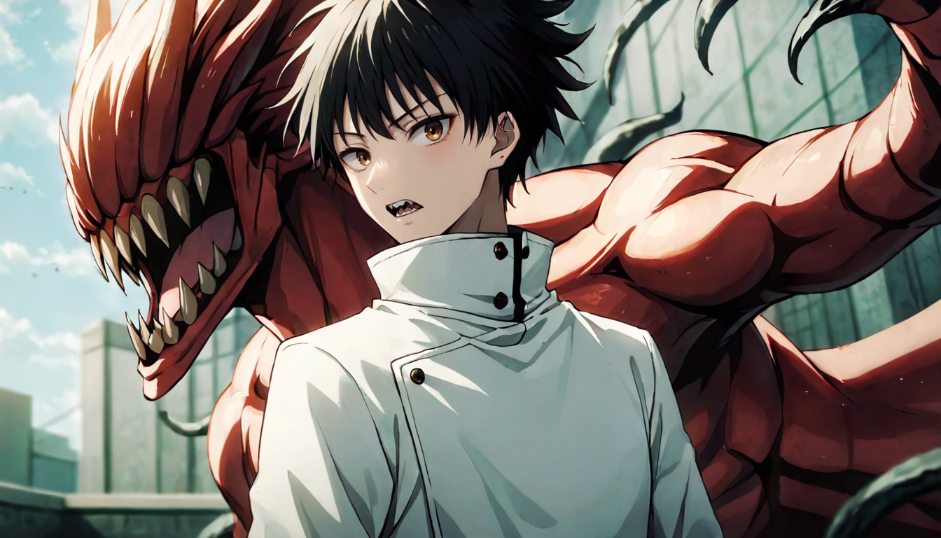 photograph cinematic photo, 
jk3, jujutsu kaisen, 1boy, black hair, monster, high collar, sharp teeth, white jacket, upper body, open mouth, short hair, looking at viewer, long sleeves, male focus, blurry background, bangs, standing, closed mouth, colored skin, brown eyes, demon, tongue, school uniform
(dutch angles:1.3)
 <lora:Jujutsu-Kaisen:.7>, 50mm . cinematic 4k epic detailed 4k epic detailed photograph shot on kodak detailed cinematic hbo dark moody, 35mm photo, grainy, vignette, vintage, Kodachrome, Lomography, stained, highly detailed, found footage