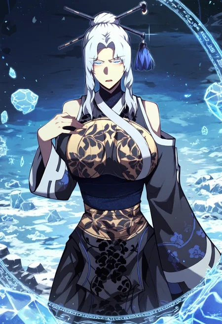 score_9, score_8_up, score_7_up, score_6_up, source_anime, rating_explicit, 1girl, solo, huge breasts,<lora:Talaris Endorma prefectPonyxl:0.9> single hair bun, hair ornament, hair stick, white hair, sidelocks, blue eyes, colored eyelashes, parted bangs, japanese clothes, floral print, black dress, bare shoulders, shoulder cutout, sash, long sleeves, wide sleeves, frown, serious, open mouth, grasslands, outdoors, looking at viewer, hand up, (ice:1.1), magic circle