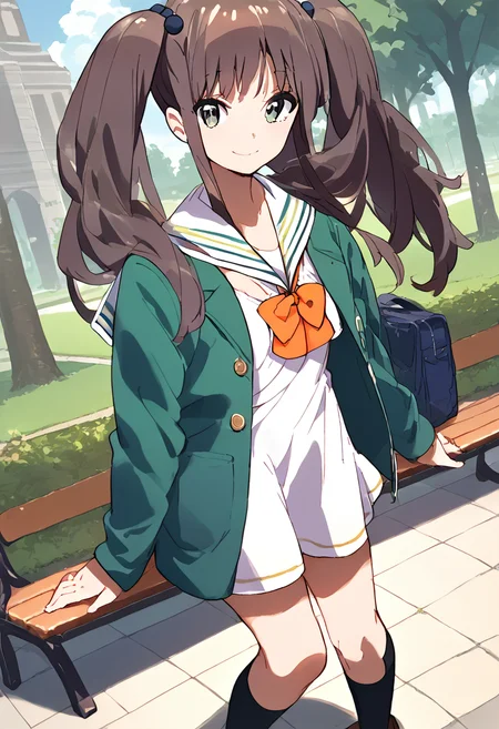 score_9,score_8_up,score_7_up,source_anime,zPDXL3,park,park bench,tree,
*//*,<lora:OkamotoMiyu-v1.0:1.1>,okamotomiyu_wug,1girl,solo,twintails,brown hair,long hair,hair bobbles,green eyes,black socks,white dress,short dress,shoes,brown footwear loafers,sailor collar,green jacket,open clothes,clothing cutout,(orange bowtie:0.9),
*//*,looking at viewer,cowboy shot,dutch angle,