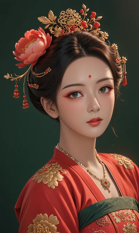 Top photography works, masterpiece, best quality, newest, absurdres, highres,
(1girl/gsfh, hwf, solo, hair ornament, jewelry, necklace, realistic, black hair, portrait, lips, red hanfu, wedding, makeup, updo, full chest, Focus on the face, Focus on the eyes, very detail face, very beautiful face, very clear face, very clear eyes, perfect black eyes),
from behind looking back,
masterpiece, best quality, amazing quality, very aesthetic, absurdres, newest, haute couture,
minimalistic composition, (dark green background details/Peony pattern, Peony), floating hair,
light from one side, dark shadow,
masterwork, masterpiece, best quality, dynamic lighting, detailed, depth of field, dynamic lighting,