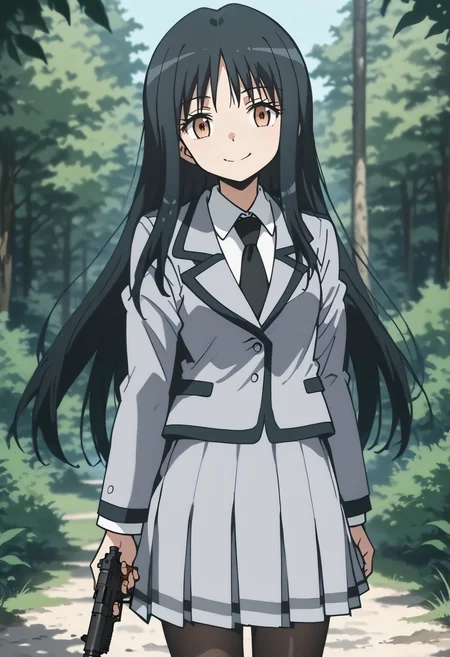 score_9,score_8_up,score_7_up,score_anime,
<lora:Yukiko Kanzaki v2>,yukiko kanzaki,1girl,solo,brown eyes,black hair,long hair,
standing,holding_gun,modern weapon,smile,closed mouth,
school uniform,grey jacket,white shirt,black necktie,grey skirt,grey pleated_skirt,black legwear,scenery,depth_of_field,