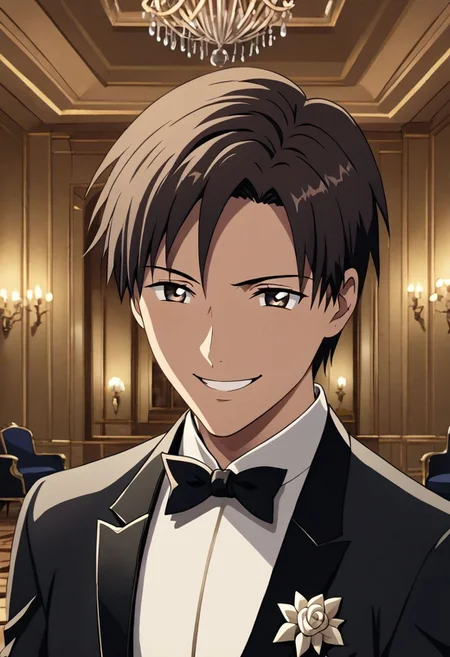 high resolution, solo, best quality, 1Boy, Takaki Toono, Brownish Hair, Brown Eyes, luxury hotel, Ballroom, tuxedo, smile, confident, OverallDetail