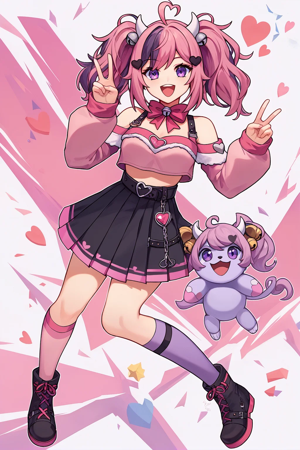 score_9,
<lora:ironmouse_v1_lite:1>, ironmouse, full body,
pink bow, jingle bell, detached sleeves, pink crop top, black heart hair ornament, single pink thighhigh, purple sock, black boots, pleated black skirt, black belt, off-shoulder,
looking at viewer, open mouth, happy, peace sign,
high resolution, Masterpiece