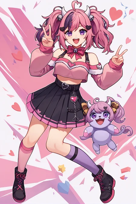 score_9,
<lora:ironmouse_v1_lite:1>, ironmouse, full body,
pink bow, jingle bell, detached sleeves, pink crop top, black heart hair ornament, single pink thighhigh, purple sock, black boots, pleated black skirt, black belt, off-shoulder,
looking at viewer, open mouth, happy, peace sign,
high resolution, Masterpiece