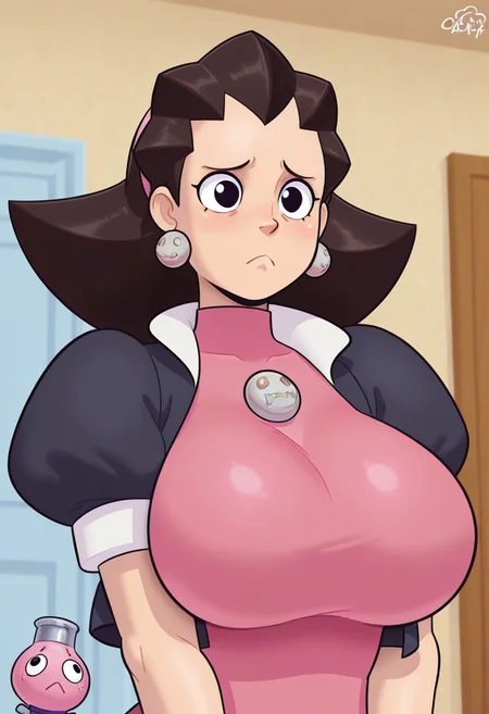 cartoony style, detailed background,high res, extremely detailed,
1girl, tall,Tron Bonne, large breasts,beautiful skin, milf, upper body shot,pien_face,:<,sad,black eyes, side angle, dynamic angle , shy