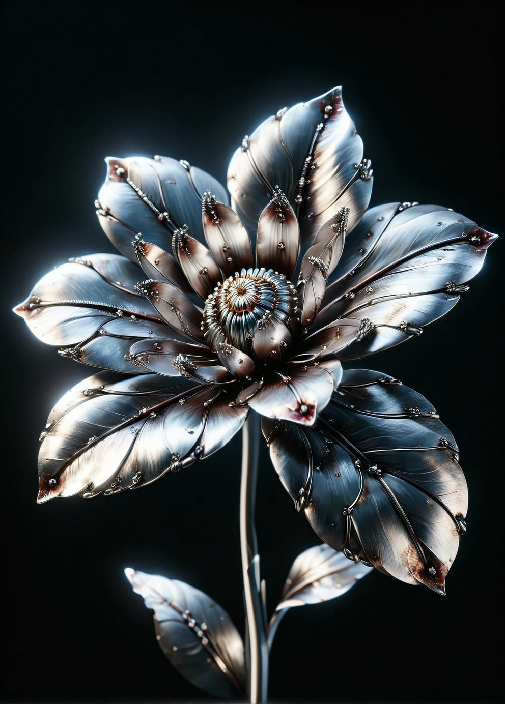 a delicate ais-wldd flower with petals of shimmering metal <lora:ais-wldd-sdxl:1>