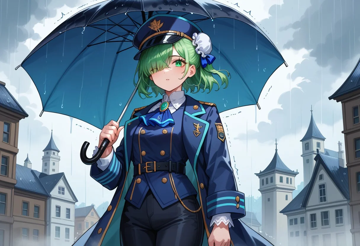 score_9, score_8_up, score_7_up,source_anime,
1girl, grey-green hair, grey-green eyes, side bun, navy blue coat, navy blue waistcoat, white lace ascot, blue brooch, black pants, cuffs, grey rose pattern, large black boater hat, light blue hat ribbon, one eye covered
holding umbrella, black umbrella
rain, storm clouds, crumbling buildings