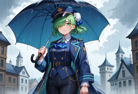 score_9, score_8_up, score_7_up,source_anime,
1girl, grey-green hair, grey-green eyes, side bun, navy blue coat, navy blue waistcoat, white lace ascot, blue brooch, black pants, cuffs, grey rose pattern, large black boater hat, light blue hat ribbon, one eye covered
holding umbrella, black umbrella
rain, storm clouds, crumbling buildings
