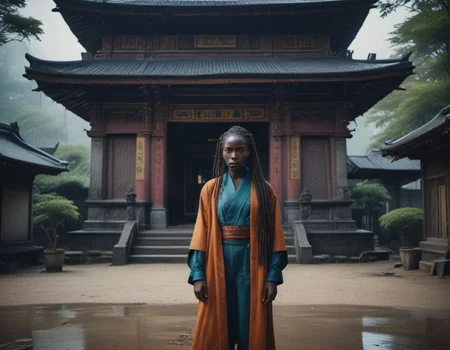 cinematic still japan2019 kenyan girl in front of a temple with torri . emotional, harmonious, vignette, 4k epic detailed, shot on kodak, 35mm photo, sharp focus, high budget, cinemascope, moody, epic, gorgeous, film grain, grainy, japan2019 kenyan girl in front of a temple with torri, cinematic light, gorgeous, atmosphere, glowing, perfect, detailed, intricate, dynamic, shiny, highly saturated colors, sunny, color, extremely, focused, beautiful, symmetry, great composition, sharp focus, clear quality, very inspirational,, fancy,,, dramatic, classic, fine, epic