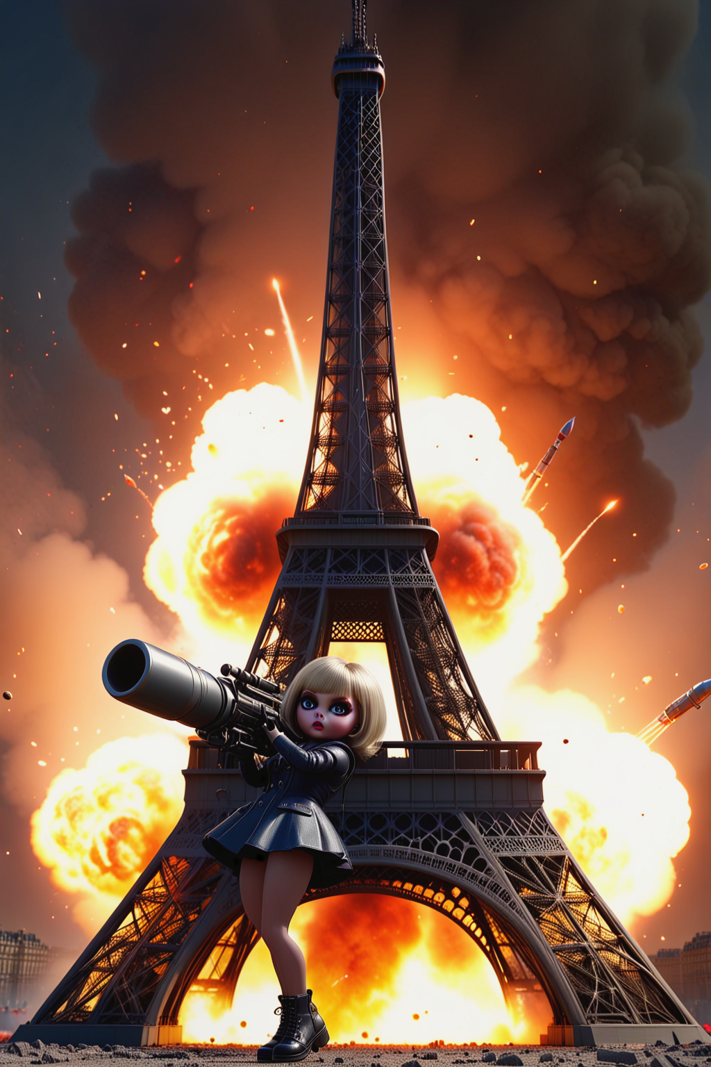high detail,octane render,8k.A sinister doll with bulging eyes,firing a rocket launcher at the Eiffel Tower,explosion,<lora:helios-nun:1>,intricate,vibrant,