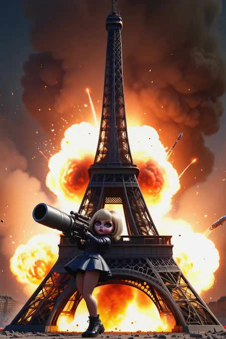 high detail,octane render,8k.A sinister doll with bulging eyes,firing a rocket launcher at the Eiffel Tower,explosion,<lora:helios-nun:1>,intricate,vibrant,