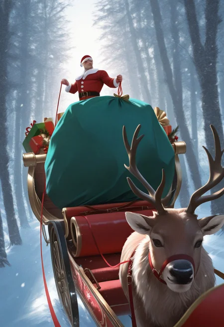 realistic shading, natural lighting, male focus, green hair, elf, male eyes, manly, 1boy, sleigh, reindeer, christmas, leash, intricately detailed illustration, depth of field, atmospheric perspective, masterpiece, best quality, amazing quality, very aesthetic, absurdres, newest