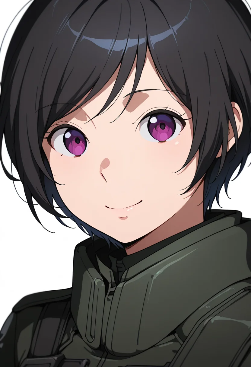 masterpiece, best quality, amazing quality, very aesthetic, absurdres, newest, illustration, perfect composition, intricate details, highres, anime coloring, 1girl, solo, (portrait:1.2), inkoww, purple eyes, black hair, short hair, aldnoahsuit, looking at viewer, smile, simple background, white background, shiny body, shiny skin, skindentation, clear skin, shiny hair, ultra detailed eyes, depth of field, sharp, intricate details, hyperdetailed, ultra-detailed, detailed clothing folds, high contrast, dynamic light <lora:Amifumi_Inko_Aldnoah_Zero_ill_v1.1:1>