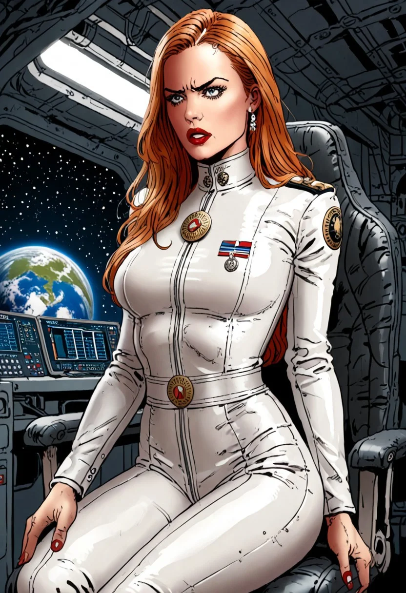 score_9, score_8_up, score_7_up, score_6_up, adult beautiful woman, (chiaroscuro lighting) source_cartoon, f3rn4nd0, (line art)
solo,
space station bridge,
1girl,
(female admiral)
(white latex bodysuit), skintight latex
(white latex admiral uniform)
sitting in commanders chair,
space battle-ship bridge,
professional
determined
orange hair ,
(extremely long hair)
red lipstick
(military honors and medals)
large breasts
