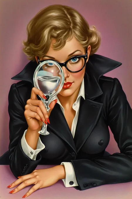 a1bertova illustration.
Portrait of a female detective scowling into a magnifying glass. The glass is crystal clear, showing a water portal through the glass. The detective is wearing a pair of old fashion glasses, and a black suit that emanates her shadowy figure. <lora:albertova1_cap_d6a3e11:1.0><lora:820980834250026014:0>