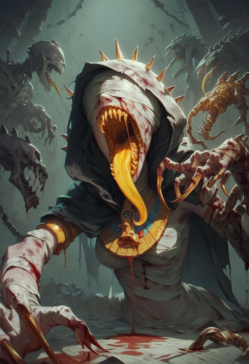score_9, score_8_up, score_7_up, mummy girl, (spikes), ((bandages)), bloody, dripping blood, ((blood)), Expressiveh, (hooded), (decaying), flesh, (egyptian), long claws, undead, white blind fold, ((tomb, cobwebs)), screaming, golden tongue, (split jaw), horror, (regal cloak)