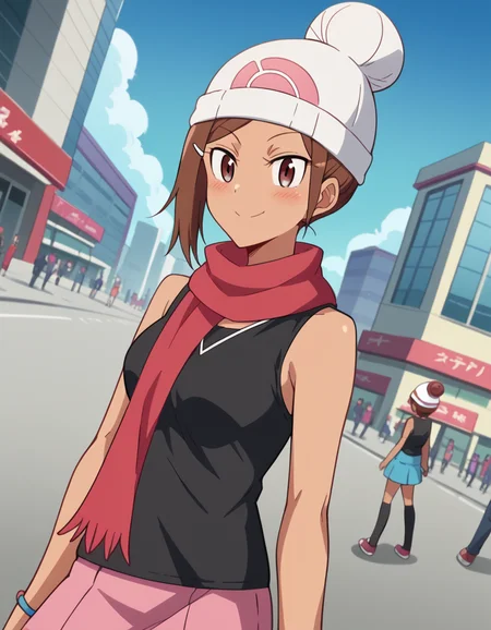score_9, score_8_up, score_7_up, source_anime, <lora:ayaka-uehara-s1-ponyxl-lora-nochekaiser:1>, ayaka uehara, brown hair, hair ornament, brown eyes, hairclip, dark skin, hair bun, dark-skinned female, single hair bun, medium breasts,, <lora:dawn-pokemon-cosplay-ponyxl-lora-nochekaiser:1>, dawnpokemoncosplay, dawn (pokemon) (cosplay), bare shoulders, beanie, black shirt, black socks, bracelet, hat, jewelry, kneehighs, miniskirt, pink skirt, red scarf, scarf, shirt, skirt, sleeveless, sleeveless shirt, white headwear,, cityscape, street, smile, blush,, , cowboy shot, dutch angle,