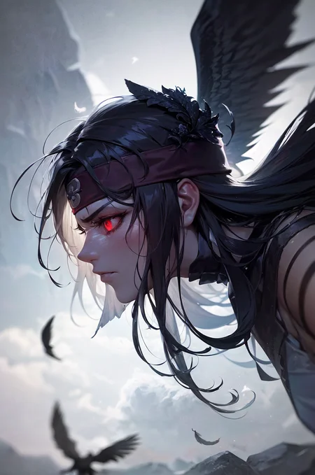 (ItachiUchiha:0.8),best quality, more details, masterpiece, portrait, 1boy, male focus, uchiha itachi,  (mature male:1.4), (evil:1.2),(from below:1),akatsuki uniform,rain, bird, black feathers, black hair, cloudy sky, crow, dark background, falling feathers, fantasy, feathers, forehead protector, glowing, glowing eyes, headband, konohagakure symbol, mangekyou sharingan, night sky, ninja, solo, red eyes, sharingan, solo, somber expression, looking down, dark energy, colorful, vibrant colors, portal to another world, side view, face_focus, zoomed_face, zoomed_in, bokeh, 
bloody, evil, dark,moody, spooky background, villian, colorful, beautiful, 
ultra realistic, intricate details, elegant, hyper realistic, tonemapping, hyperfocus, sharp focus, [volumetric lighting],photorealistic realistic, luxurious, 8k, detailed, ray tracing, depth of field, cinematic lighting, small gold particles,