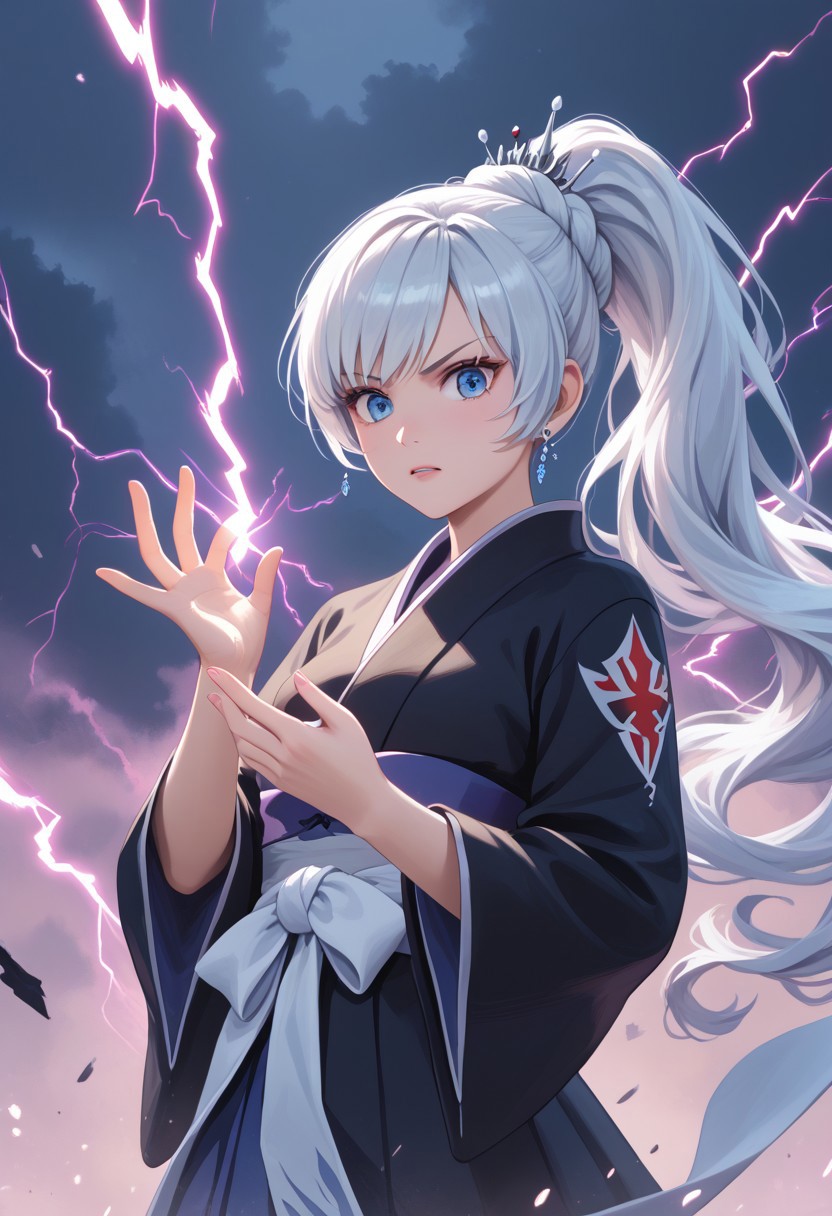 score_9, score_8_up, score_7_up, high res image, masterpiece, best quality, beautiful eyes, perfect eyes, beautiful hands, perfect hands,
 Weiss Schnee, Weiss Schnee, long hair, ponytail, white hair, blue eyes, small breasts, mature body,  wearing a fancy black Japanese kimono, angry expression, Battle Stance, black kimono, grabbing lightning, red lightning, Jagged Mountains background, black and purple swirling colors in background, realistic lighting 3D, anime, art by michellekuku