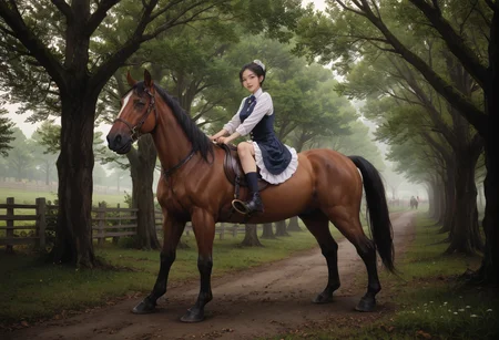 ,ruanyi0955,tree,outdoors,
multiple girls,horseback riding,horse,looking at viewer,<lora:0955 wide road_v1_pony:0.7>, score_9,score_8_up,score_7_up,,8k,1girl,solo,,