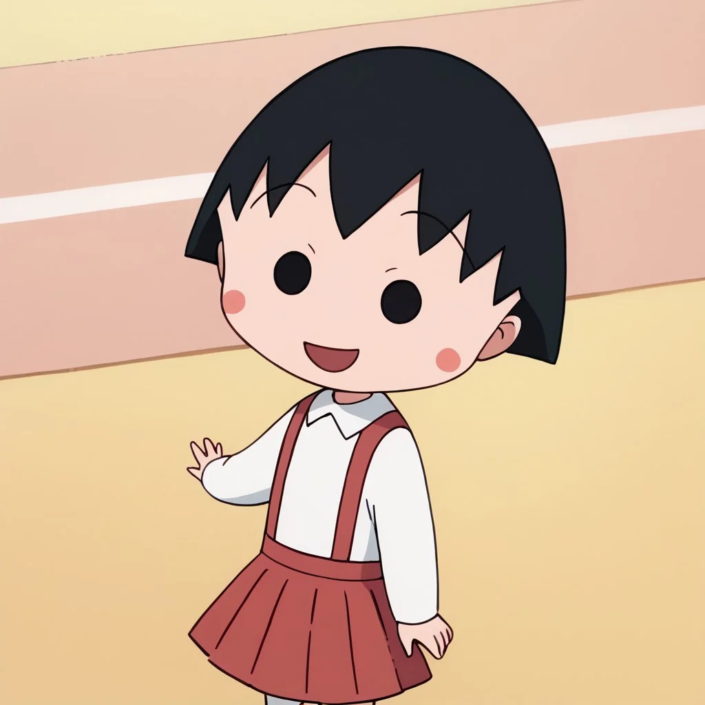 score_9, score_8_up, score_7_up BREAK ChibiMaruko, 1girl, black bobcut, black dot eyes, pink circle blush, long-sleeved white shirt, red suspenders, red pleated skirt, white socks, flat red shoes, smiling at viewer, full body,