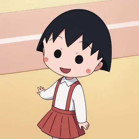 score_9, score_8_up, score_7_up BREAK ChibiMaruko, 1girl, black bobcut, black dot eyes, pink circle blush, long-sleeved white shirt, red suspenders, red pleated skirt, white socks, flat red shoes, smiling at viewer, full body,