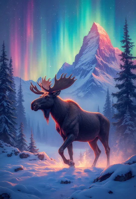 A Giant moose walks through a festive frozen tundra with a great mountain in the background, rainbow aurora, moose is rim lit by the light of the aurora, Vibrant Glow